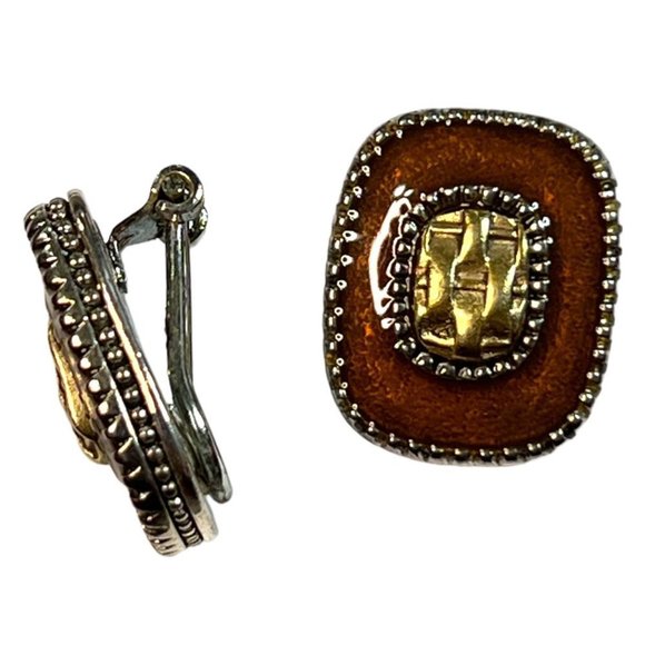 Vintage Clip on Earrings Amber Gold and Sliver Tone Signed - Picture 1 of 5